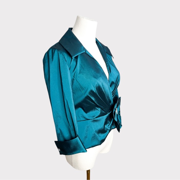 JS Collections Teal Satin Wrap Embellished Blouse (Sz S) - Picture 6 of 6